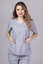 Load image into Gallery viewer, Costum Medical Premium TAG EVA | Uniforma Dama Poly Spandex | Argintiu