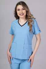 Load image into Gallery viewer, Costum Medical Premium TAG EVA | Uniforma Dama Poly Spandex | Bleu Ciel