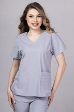 Load image into Gallery viewer, Costum Medical Premium TAG EVA | Uniforma Dama Poly Spandex | Argintiu