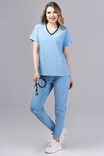 Load image into Gallery viewer, Costum Medical Premium TAG EVA | Uniforma Dama Poly Spandex | Bleu Ciel