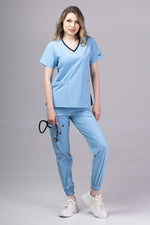 Load image into Gallery viewer, Costum Medical Premium TAG EVA | Uniforma Dama Poly Spandex | Bleu Ciel