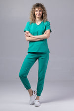 Încărcați imaginea în vizualizatorul Galerie, Costum Medical Premium TAG EVA | Uniforma Dama Poly Spandex | Verde Chirurgical