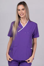 Încărcați imaginea în vizualizatorul Galerie, Costum Medical Premium de dama TAG Onyx | Uniforma Medicala Poly Spandex | Velvet cu paspoal Alb