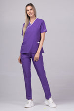 Încărcați imaginea în vizualizatorul Galerie, Costum Medical Premium de dama TAG Onyx | Uniforma Medicala Poly Spandex | Velvet cu paspoal Alb