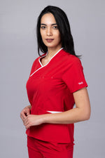 Încărcați imaginea în vizualizatorul Galerie, Costum Medical Premium de dama TAG Onyx | Uniforma Medicala Poly Spandex | Rosu cu paspoal Alb