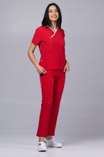 Încărcați imaginea în vizualizatorul Galerie, Costum Medical Premium de dama TAG Onyx | Uniforma Medicala Poly Spandex | Rosu cu paspoal Alb