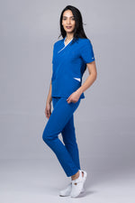 Încărcați imaginea în vizualizatorul Galerie, Costum Medical Premium de dama TAG Onyx | Uniforma Medicala Poly Spandex | Albastru Marin cu paspoal Alb