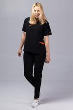 Încărcați imaginea în vizualizatorul Galerie, Costum Medical Premium de dama TAG Onyx | Uniforma Medicala Poly Spandex | Negru cu paspoal Orange