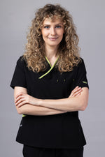 Încărcați imaginea în vizualizatorul Galerie, Costum Medical Premium de dama TAG Onyx | Uniforma Medicala Poly Spandex | Negru cu paspoal Green Apple