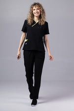 Încărcați imaginea în vizualizatorul Galerie, Costum Medical Premium de dama TAG Onyx | Uniforma Medicala Poly Spandex | Negru cu paspoal Green Apple