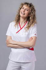 Încărcați imaginea în vizualizatorul Galerie, Costum Medical Premium de dama TAG Onyx | Uniforma Medicala Poly Spandex | Alb cu paspoal Rosu