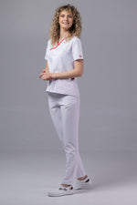 Încărcați imaginea în vizualizatorul Galerie, Costum Medical Premium de dama TAG Onyx | Uniforma Medicala Poly Spandex | Alb cu paspoal Rosu
