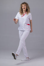 Încărcați imaginea în vizualizatorul Galerie, Costum Medical Premium de dama TAG Onyx | Uniforma Medicala Poly Spandex | Alb cu paspoal Rosu