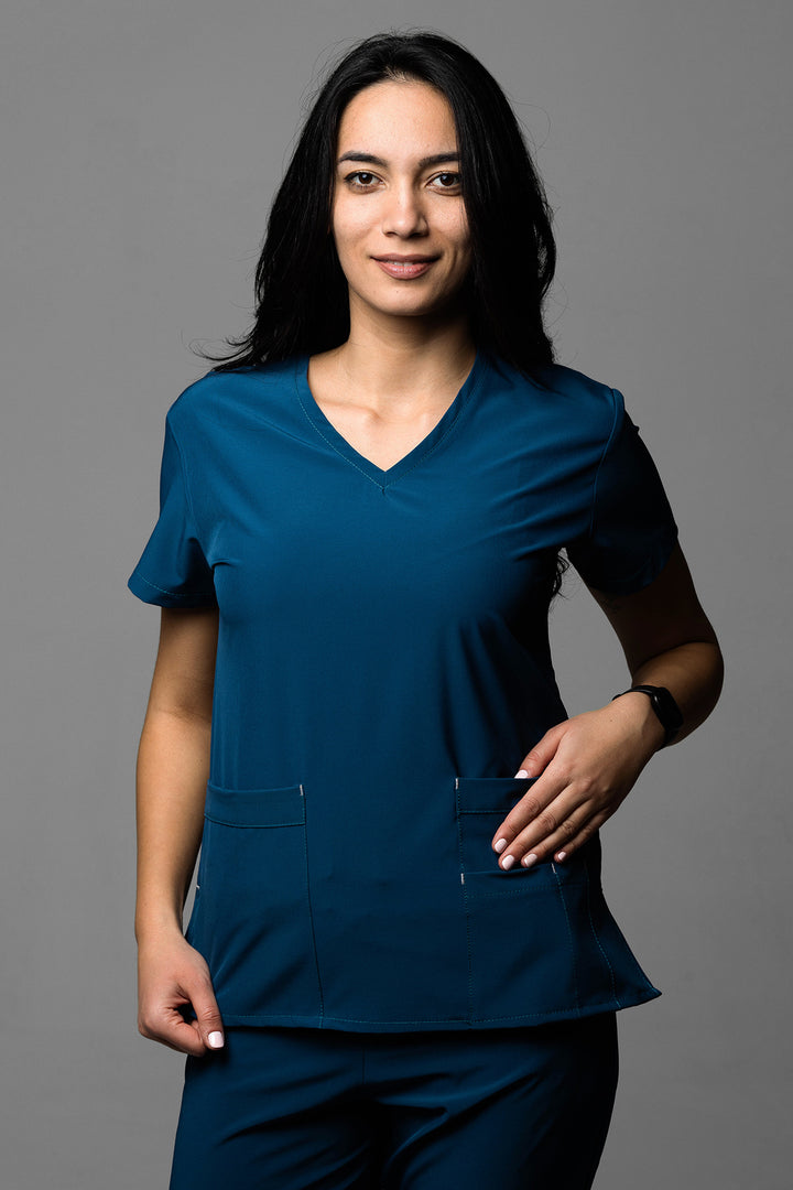 Costum Medical Premium TAG EVA | Uniforma Dama Poly Spandex | BleuMarin
