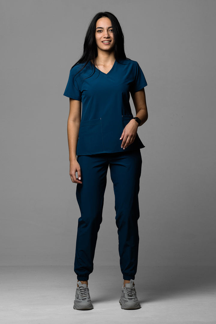Costum Medical Premium TAG EVA | Uniforma Dama Poly Spandex | BleuMarin