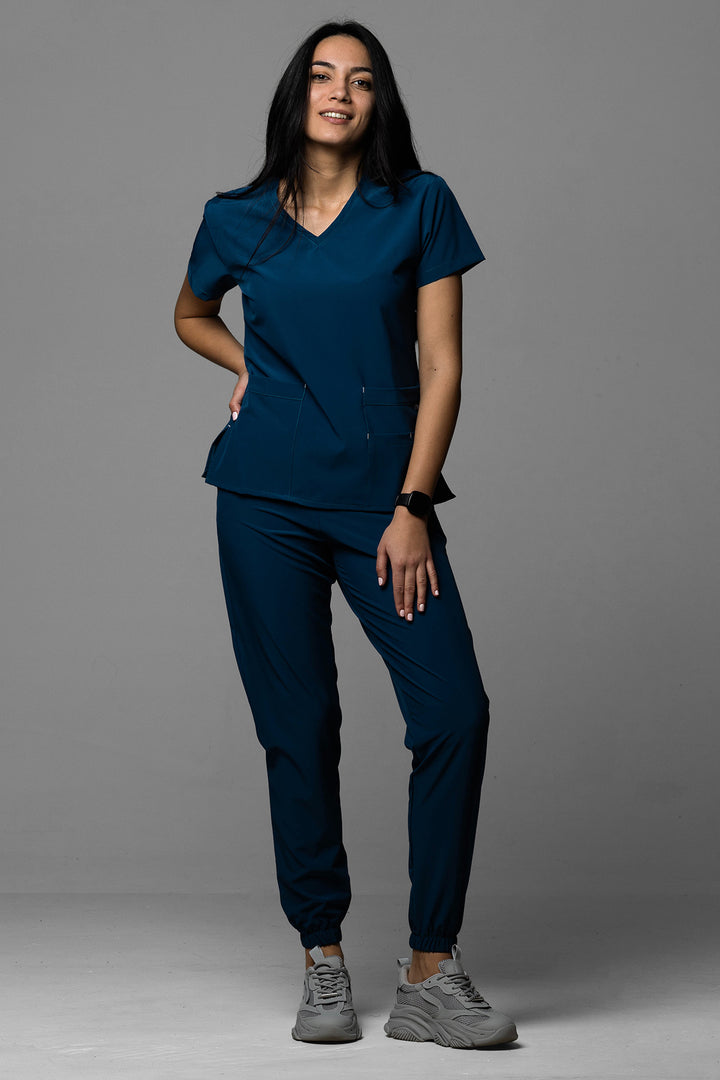Costum Medical Premium TAG EVA | Uniforma Dama Poly Spandex | BleuMarin
