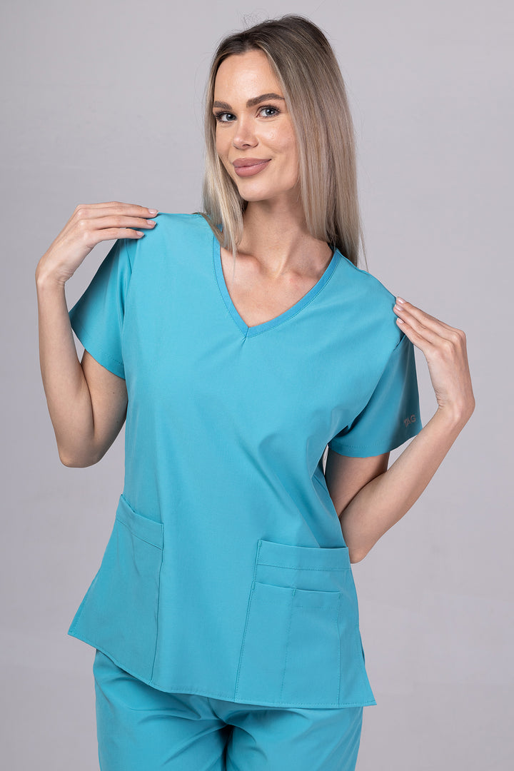 Costum Medical Premium TAG EVA | Uniforma Dama Poly Spandex | Turcoaz