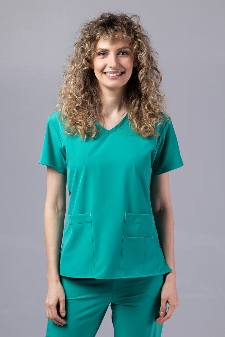 Costum Medical Premium TAG EVA | Uniforma Dama Poly Spandex | Verde Chirurgical