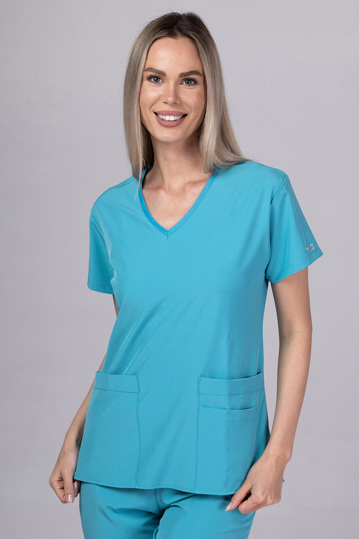 Costum Medical Premium TAG EVA | Uniforma Dama Poly Spandex | Turcoaz