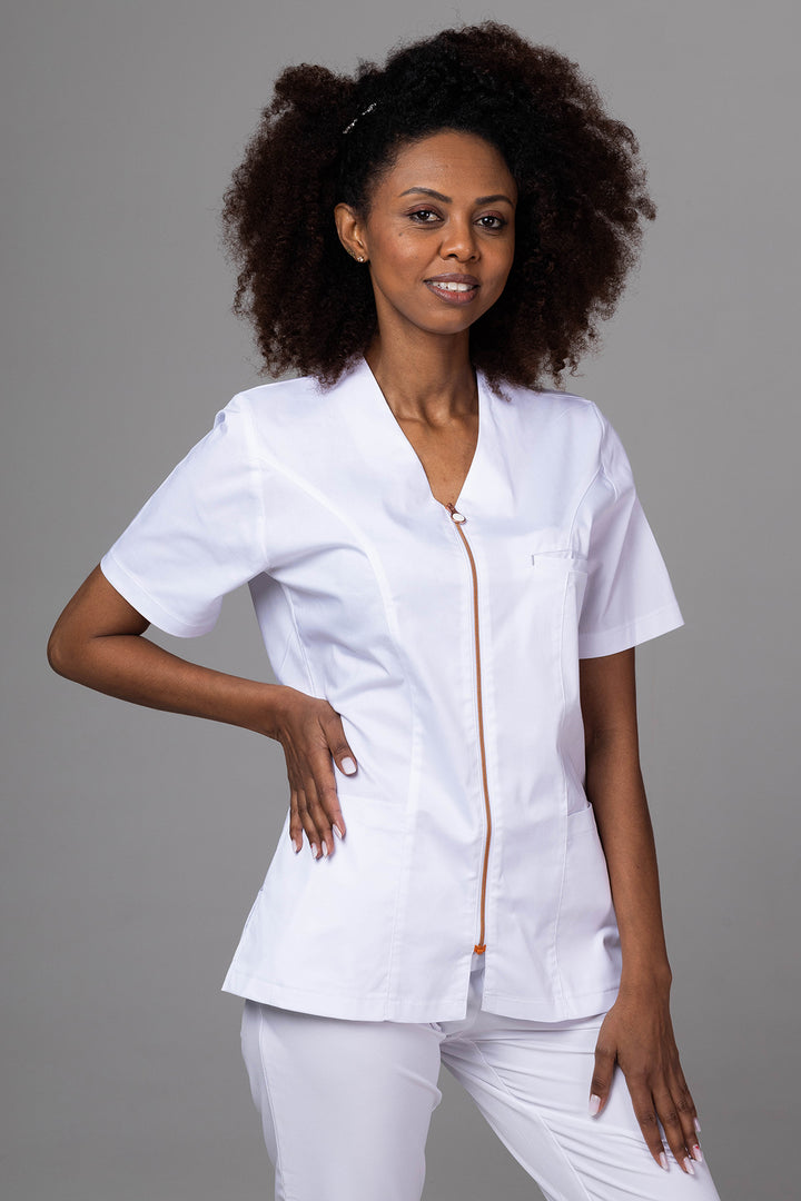 Costum Medical Premium TAG ZIP Confort | Uniforma Medicala Femei Bumbac | Alb