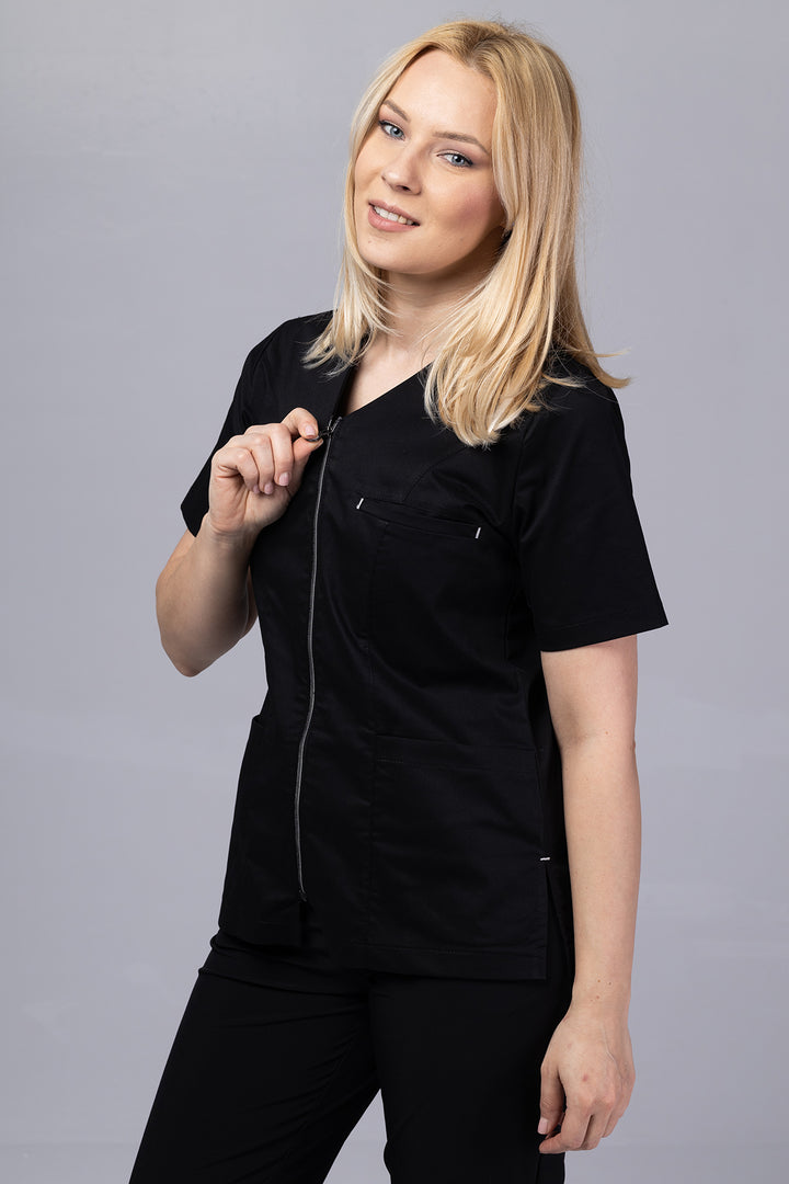Costum Medical Premium TAG ZIP Confort | Uniforma Medicala Femei Bumbac | Negru