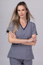 Load image into Gallery viewer, Costum Medical Premium TAG EVA | Uniforma Dama Poly Spandex | Gri
