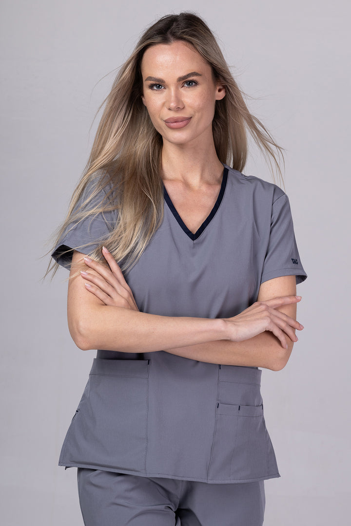 Costum Medical Premium TAG EVA | Uniforma Dama Poly Spandex | Gri
