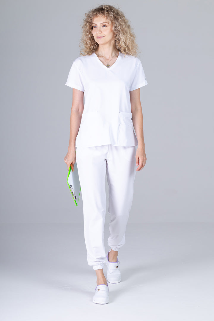 Costum Medical Premium TAG EVA | Uniforma Dama Poly Spandex | Alb