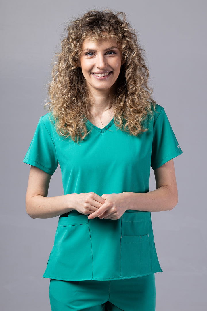 Costum Medical Premium TAG EVA | Uniforma Dama Poly Spandex | Verde Chirurgical