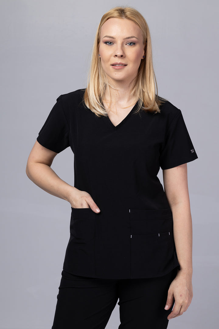 Costum Medical Premium TAG EVA | Uniforma Dama Poly Spandex | Negru