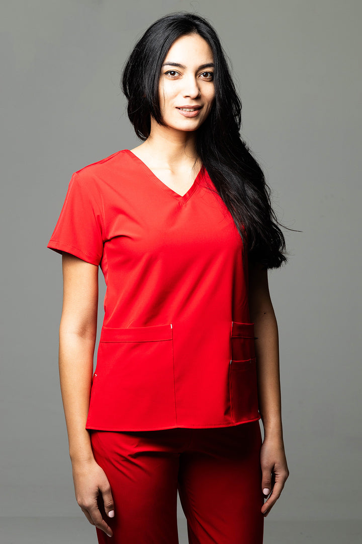 Costum Medical Premium TAG EVA | Uniforma Dama Poly Spandex | Rosu