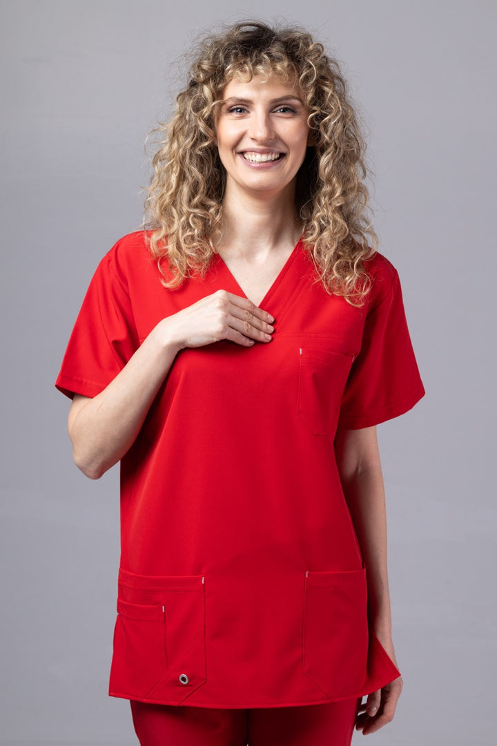 Costum Medical Premium TAG Stellar | Uniforma Medicala Unisex Poly Spandex | Rosu