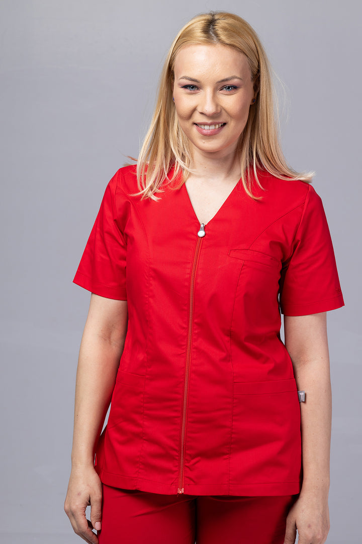 Costum Medical Premium TAG ZIP Confort | Uniforma Medicala Femei Bumbac | Rosu