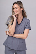 Load image into Gallery viewer, Costum Medical Premium TAG EVA | Uniforma Dama Poly Spandex | Gri