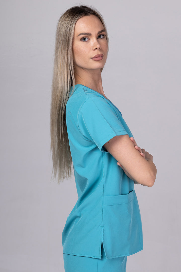 Costum Medical Premium TAG EVA | Uniforma Dama Poly Spandex | Turcoaz
