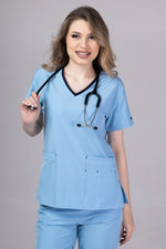 Load image into Gallery viewer, Costum Medical Premium TAG EVA | Uniforma Dama Poly Spandex | Bleu Ciel