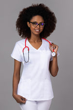 Încărcați imaginea în vizualizatorul Galerie, Costum Medical Premium TAG Ambra | Uniforma Medicala Feminina Cotton Stretch | Alb