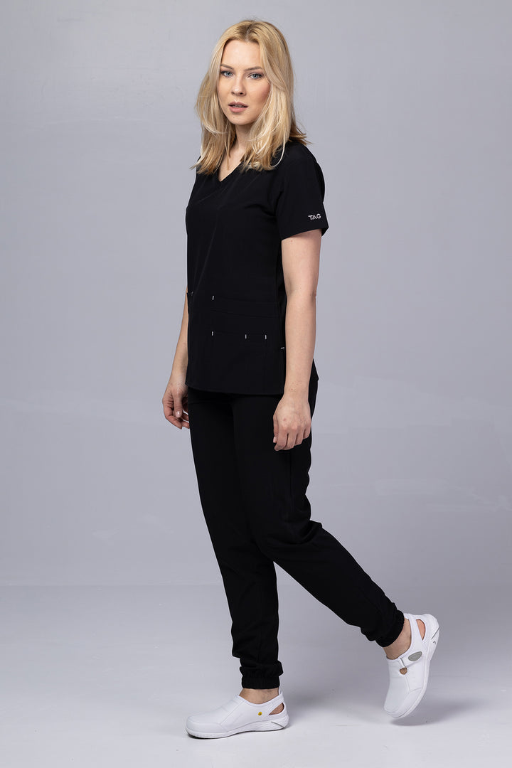 Costum Medical Premium TAG EVA | Uniforma Dama Poly Spandex | Negru