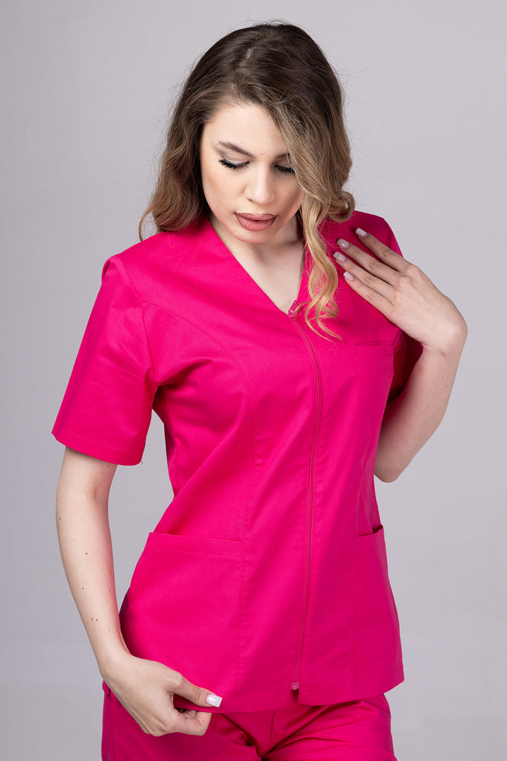 Costum Medical Premium TAG ZIP Confort | Uniforma Medicala Femei Bumbac | Ciclam