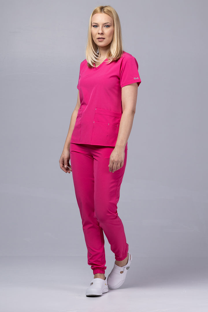Costum Medical Premium TAG EVA | Uniforma Dama Poly Spandex | Ciclam