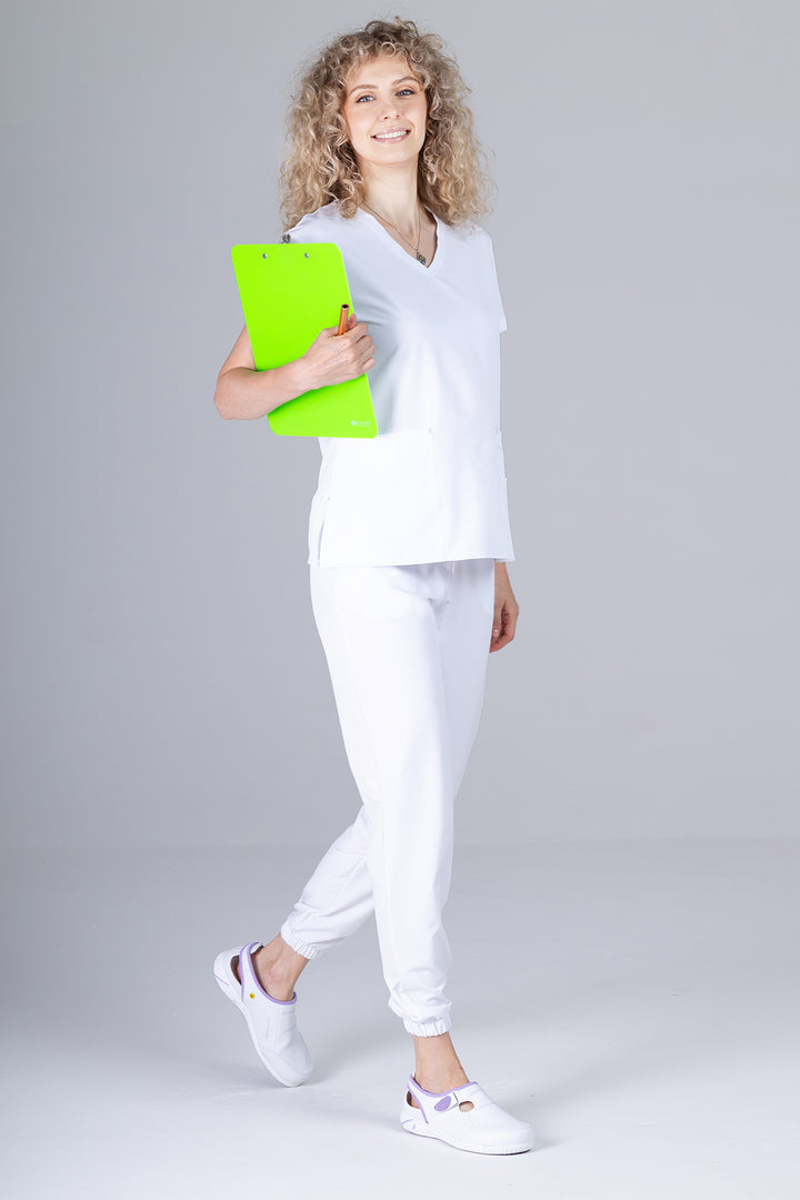 Costum Medical Premium TAG EVA | Uniforma Dama Poly Spandex | Alb