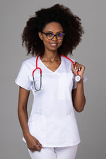 Încărcați imaginea în vizualizatorul Galerie, Costum Medical Premium TAG Ambra | Uniforma Medicala Feminina Cotton Stretch | Alb