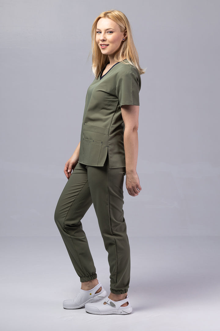 Costum Medical Premium TAG EVA | Uniforma Dama Poly Spandex | Kaki