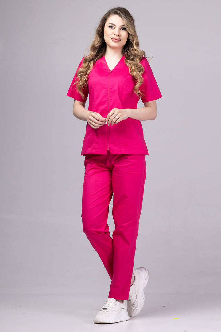 Costum Medical Premium TAG ZIP Confort | Uniforma Medicala Femei Bumbac | Ciclam