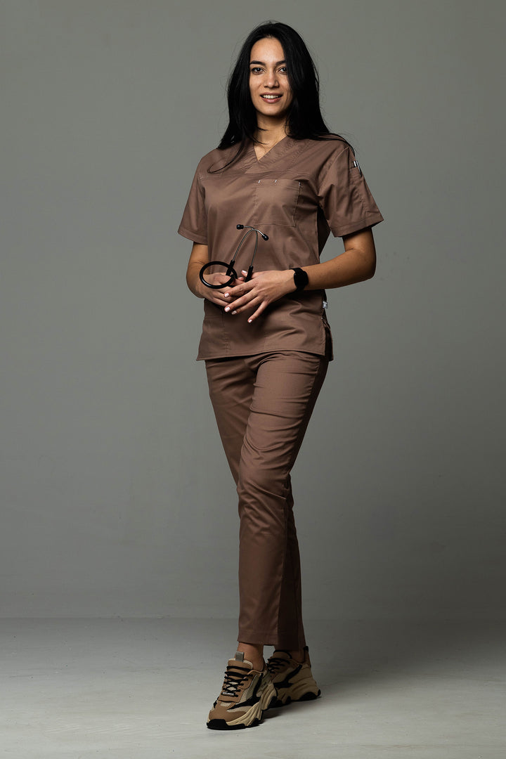 Costum Medical de dama TAG Premium Unisex | Uniforma Medicala Unisex Cotton Stretch | Cafeniu