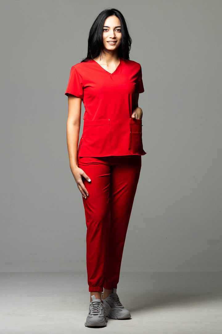 Costum Medical Premium TAG EVA | Uniforma Dama Poly Spandex | Rosu