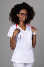 Încărcați imaginea în vizualizatorul Galerie, Costum Medical Premium TAG Ambra | Uniforma Medicala Feminina Cotton Stretch | Alb