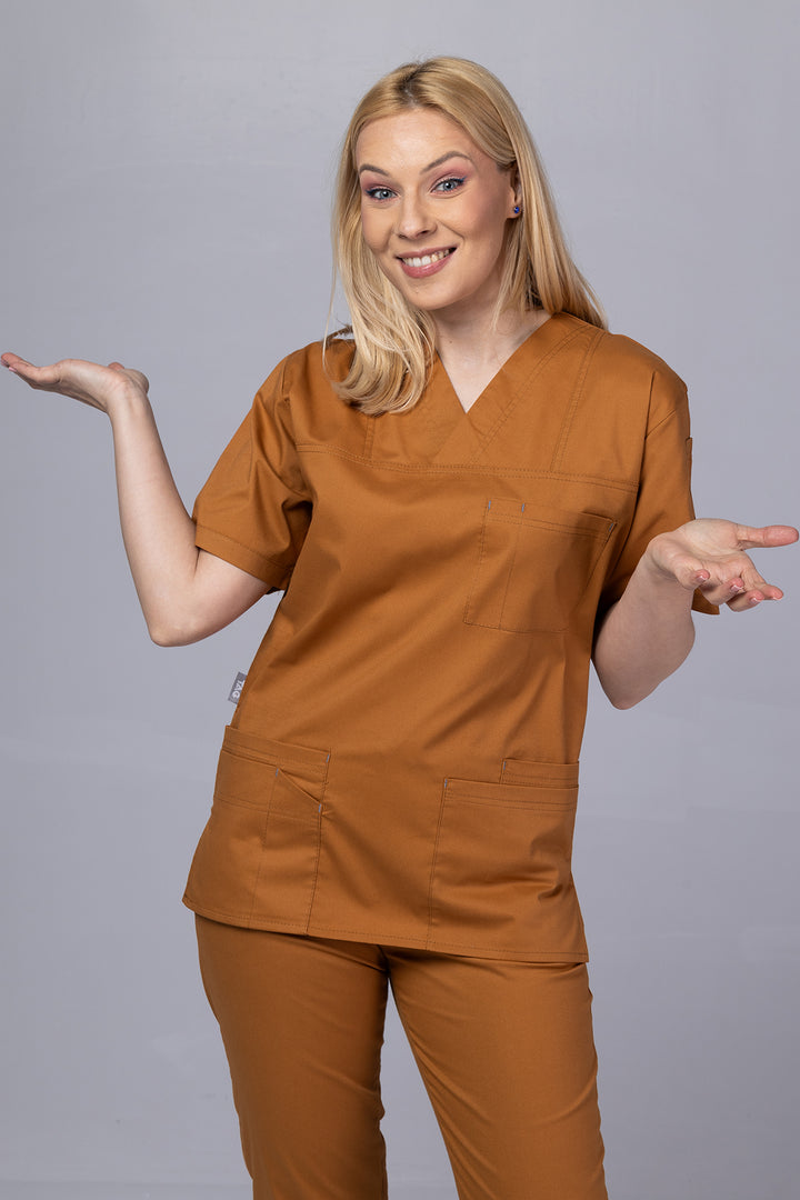 Costum Medical de dama TAG Premium Unisex | Uniforma Medicala Unisex Cotton Stretch | Caramel