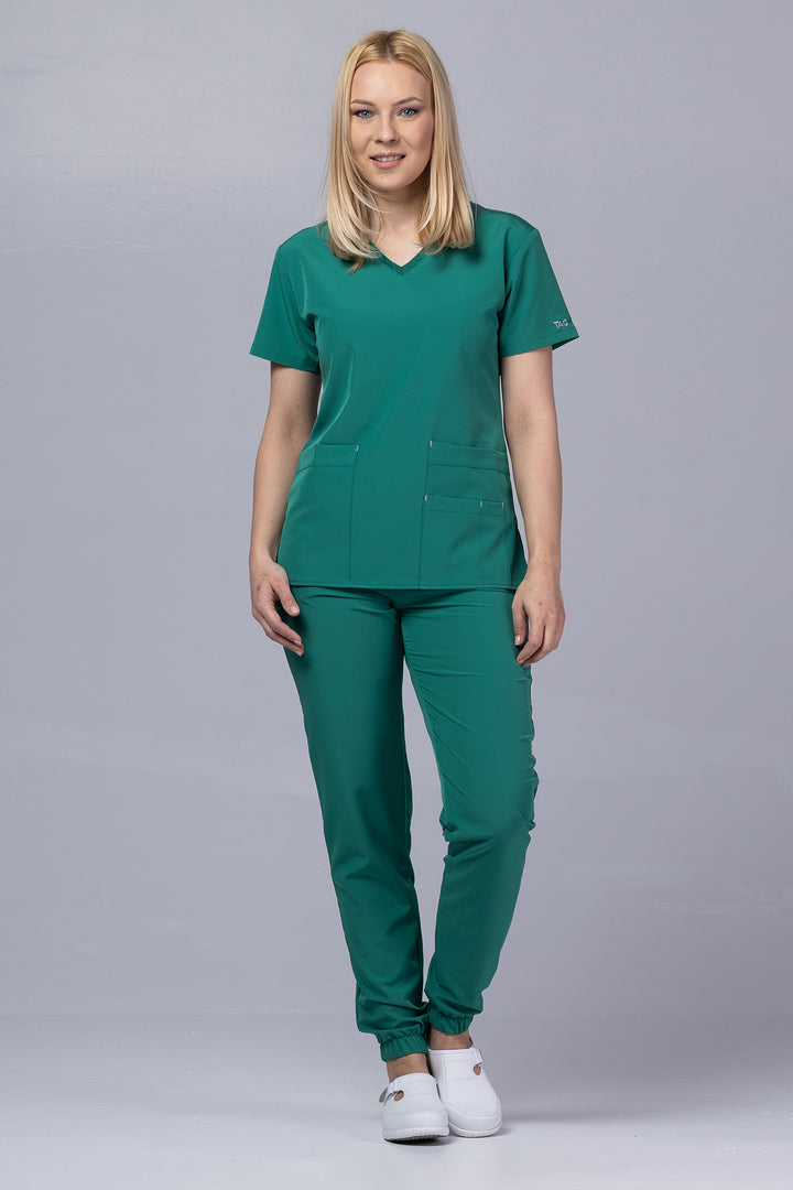Costum Medical Premium TAG EVA | Uniforma Dama Poly Spandex | Verde Forest
