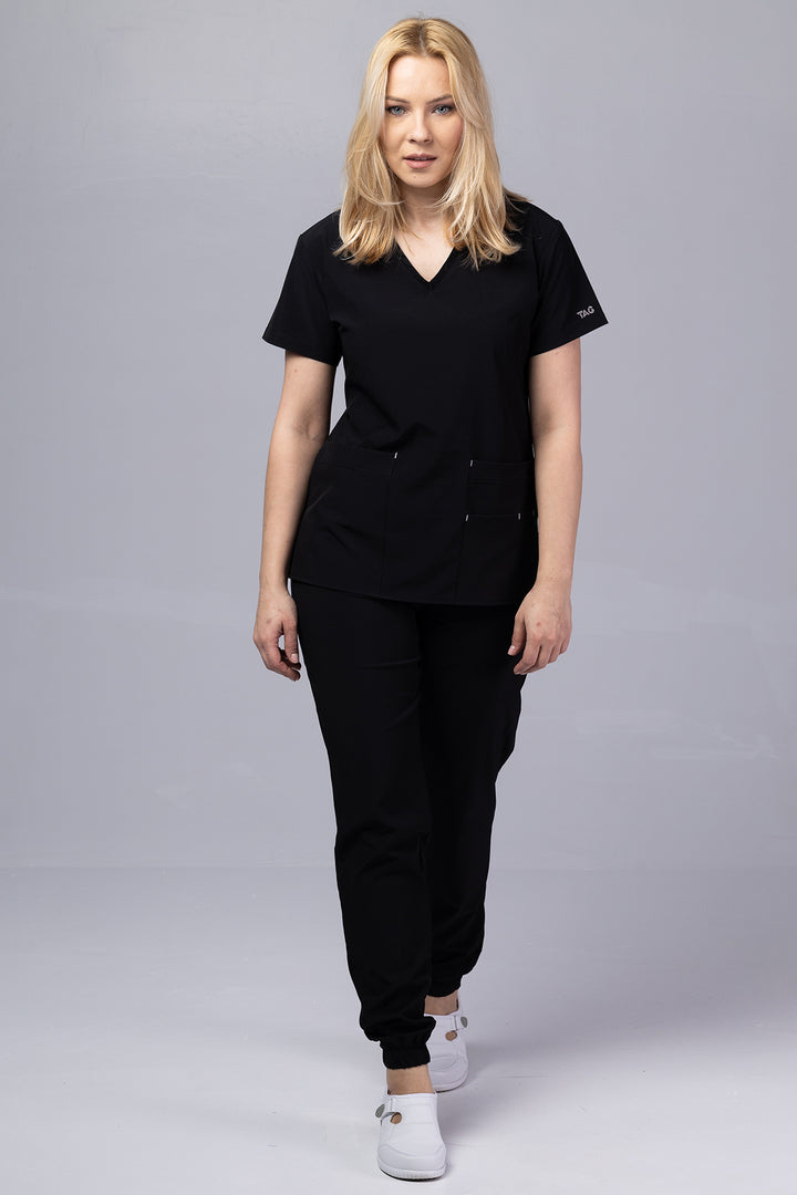 Costum Medical Premium TAG EVA | Uniforma Dama Poly Spandex | Negru